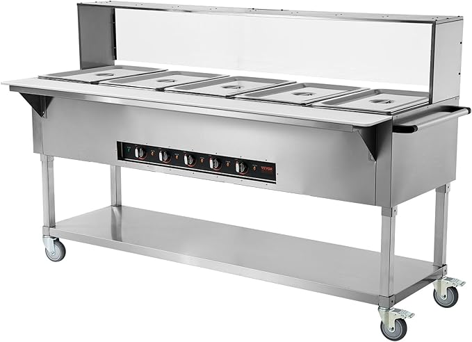 VEVOR 5-Pan Commercial Food Warmer, 5 x 20.6QT Electric Steam Table, 3750W Professional Buffet Catering Food Warmer with Acrylic Sneeze Guard, Food Grade Stainless Steel Server for Party Restaurant