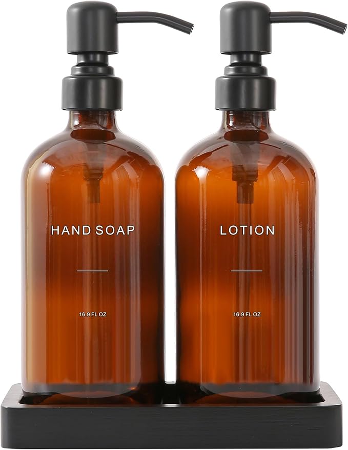 Prus Waso Amber Glass Soap Dispenser Set | Hand Soap and Lotion Set by PrusWaso