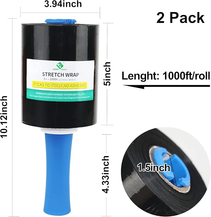BOMEI PACK Mini Black Industrial Stretch Wrap Film 2 Pack 5" x 1000ft Roll - Image 3