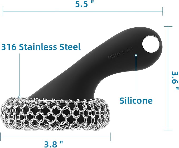 SUBEKYU Cast Iron Scrubber with Silicone Handle, Stainless Steel Chainmail Scrubber for Cast Iron Pans, Black