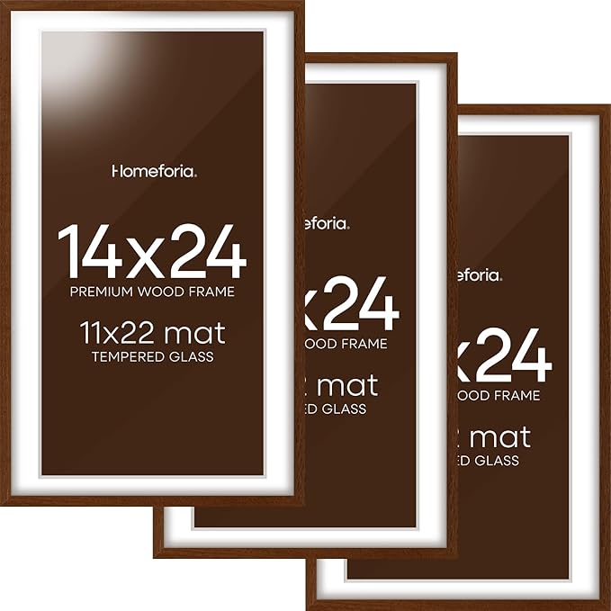 Homeforia 14x24 Picture Frame Brown, High End Dark Oak 14x24 Poster Wood Frame with Mat 11x22 for Photo, 14 x 24 Wooden Walnut Frame Matted to 11 x 22, 24x14 Frames, Tempered Glass, Wall Kit, Set of 3