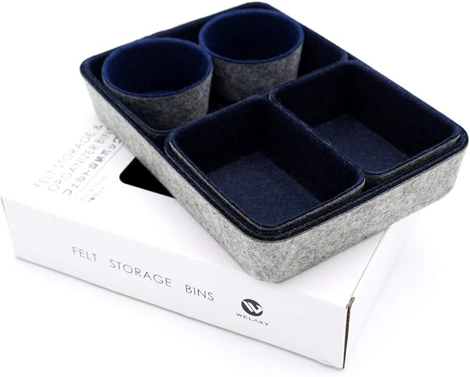 Welaxy 7 Piece Felt Desk Drawer Organizer Storage Bin Navy Catchall Tray | - Image 3