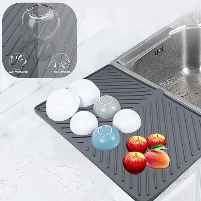 Dish Drying Mat, Silicone Dish Drying Mat for Kitchen Counter, Extra Thick & Large Dish Drainboard Mat with Built-in Drain, Non-silp, Heat Resistant, Dishwasher Safe (Gray, 24" x 15")