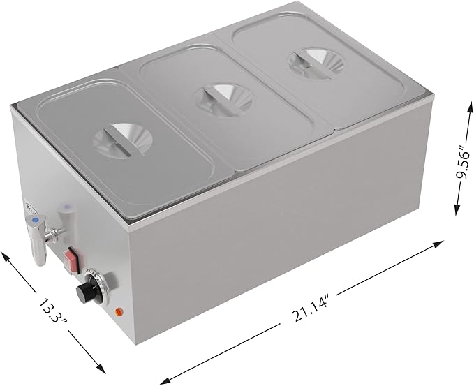 KoolMore Commercial Bain Marie Countertop Food Warmer, Soup Station, and Buffet Table Server with Three Serving Section and Tap, Stainless-Steel Steamer with Auto Shut Off (CFW-3T), Silver