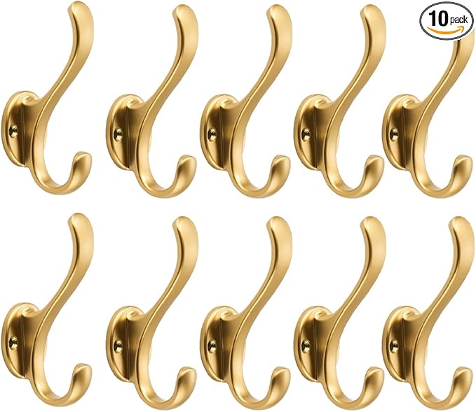 10 Pack Brushed Gold Coat Hooks Wall Mount Heavy Duty Utility Retro Double Hooks by khtumeware