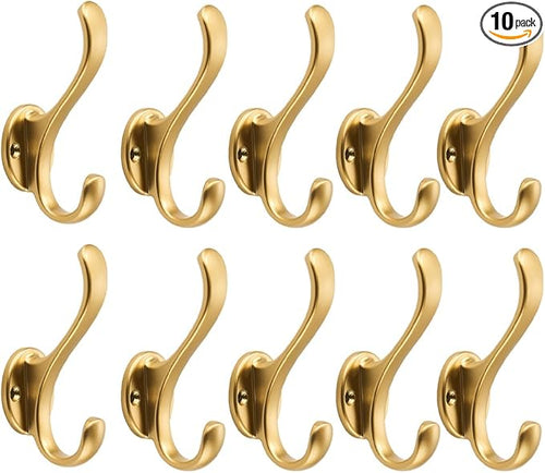 10 Pack Brushed Gold Coat Hooks Wall Mount Heavy Duty Utility Retro Double Hooks by khtumeware