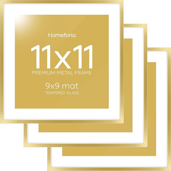 Homeforia 11x11 Picture Frame Gold, High End Metal 11 by 11 Square Frames with Mat 9 x 9 Photo, 11by11 Thin Poster Frame Matted to 9x9 inch Art, Wall Hanging Frames, Tempered Glass, Wall Kit, Set of 3