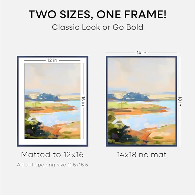 Homeforia 14x18 Picture Frame Navy Blue, High End Metal 14x18 Poster Frames with Mat 12x16 Photo, 14 x 18 Navy Blue Frame Matted to 12 by 16 Print, 18x14 Thin Frame, Tempered Glass, Wall Kit, Set of 2