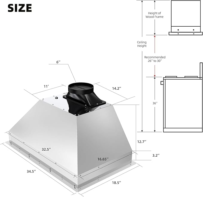 36 Inch Insert Range Hood with Voice/Gesture/Touch Control, 900 CFM Built-in Kitchen Hood Vent with 4 Speed Exhaust Fan, Memory Mode, Adjustable Lights, Ducted/Ductless Convertible
