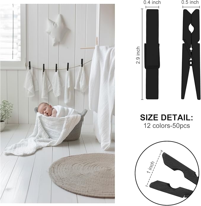 Black Colored Clothes pins 2.9inch 50PCS Black, Colorful ClothesPins Wooden - Image 2