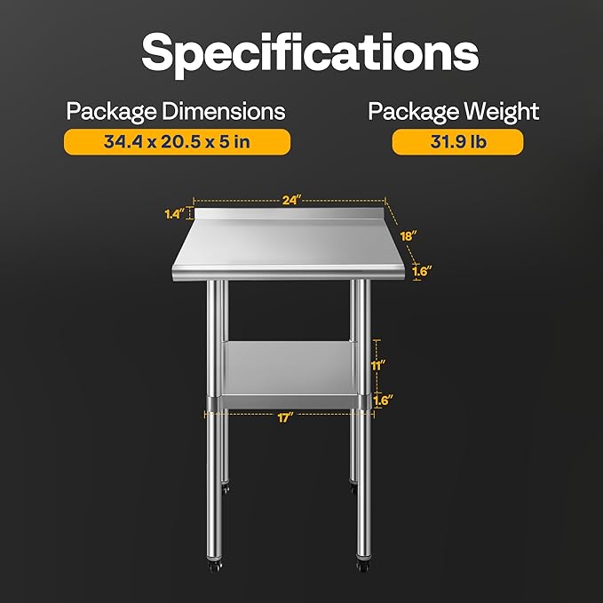 VIVOHOME 24 x 18 Inch Stainless Steel Work Table with Backsplash, Prep Commercial Table with Wheels for Restaurant, Hotel, Home and Warehouse