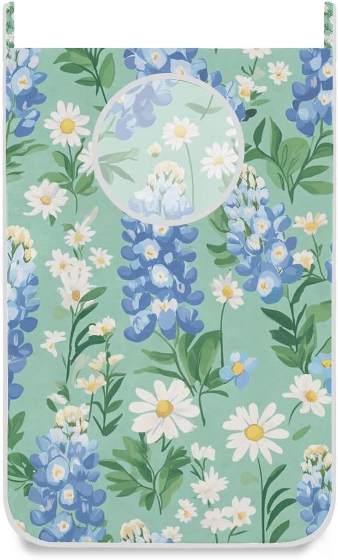 Mint Green Bluebonnet and Daisies Hanging Laundry Hamper Door Hampers Bag Basket by Tatenale