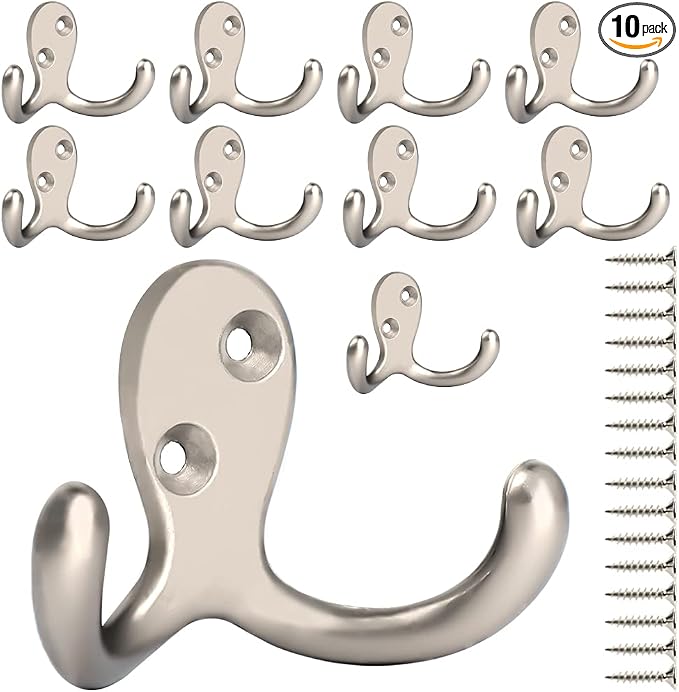 IBosins 10 Pack Silvery Double Prong Coat Hooks Wall Mounted by IBosins