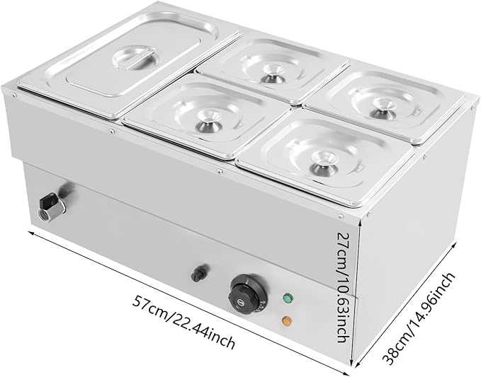 DYNAMI 110V 1500W Commercial Buffet Food Warmer,Large Capacity 5 Pan(1.7Gal+0.8Gal*4) Stainless Steel Electric Countertop Steam Table with Intelligent Thermostat Design,for Parties Buffet Catering