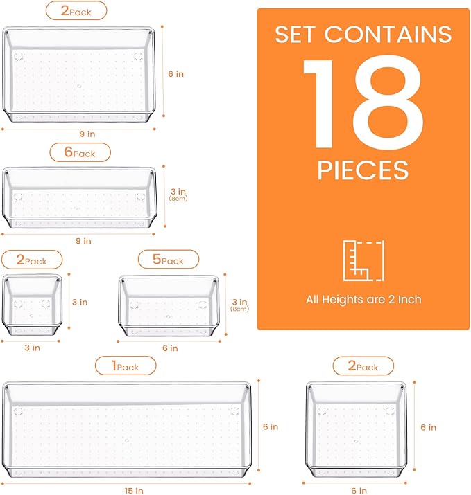 Drawer Organizer, 18 Pack Large Clear Plastic Kitchen Drawer Organizers Set - Image 2
