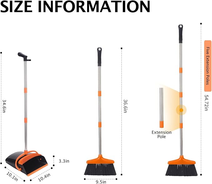 Broom and Dustpan Set, 54.72" Long Handle, Standing Dustpan, Upright Dustpan - Image 2
