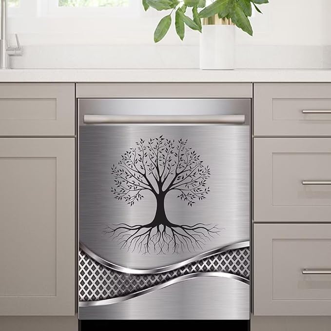 Imitation Stainless Steel Design Tree Painting Magnetic Dishwasher Cover Sticker,Kitchen Decor Magnet Cabinet Fridge Panel Decal Sticker 23W x 26H inchs