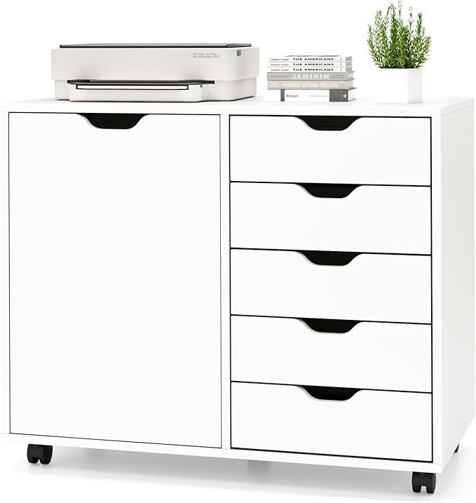 File Cabinet, White Filing Cabinet w/Universal Wheels, Printer Stand w/Door & Storage Drawers, Rolling File Cart for Home Office, Living Dining Room, Bedroom (White, 5 Drawers & 1 Door)