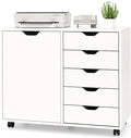 File Cabinet, White Filing Cabinet w/Universal Wheels, Printer Stand w/Door & Storage Drawers, Rolling File Cart for Home Office, Living Dining Room, Bedroom (White, 5 Drawers & 1 Door)