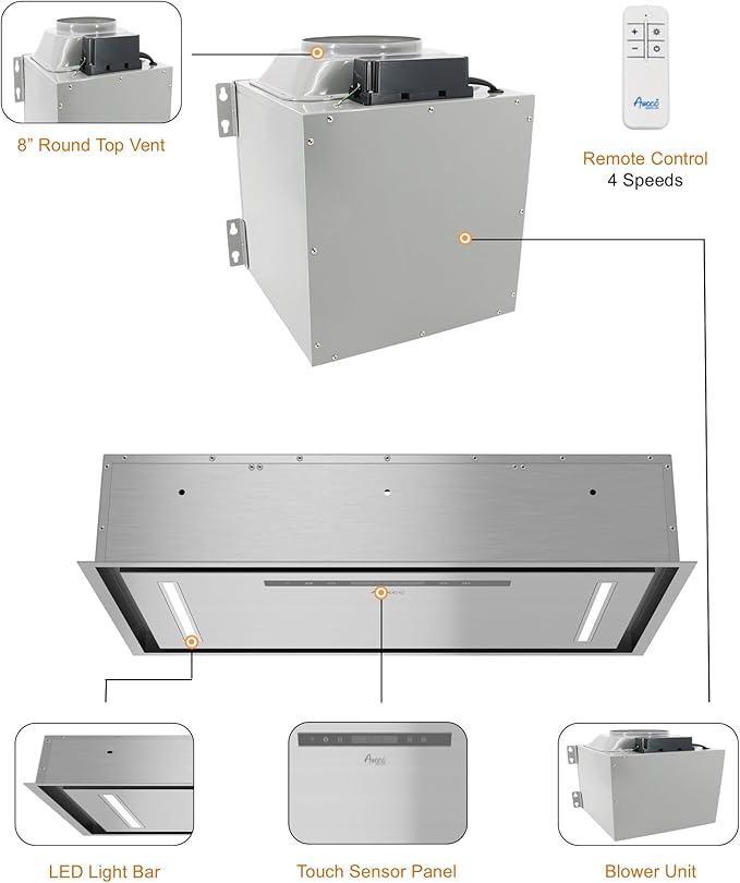 Awoco 30”W Flush Ceiling Mount Split Insert Range Hood, Stainless Steel 4 Speeds 1000 CFM, 8” Round Top Vent LED Lights Remote Control (30"W 19"D 8" Vent)