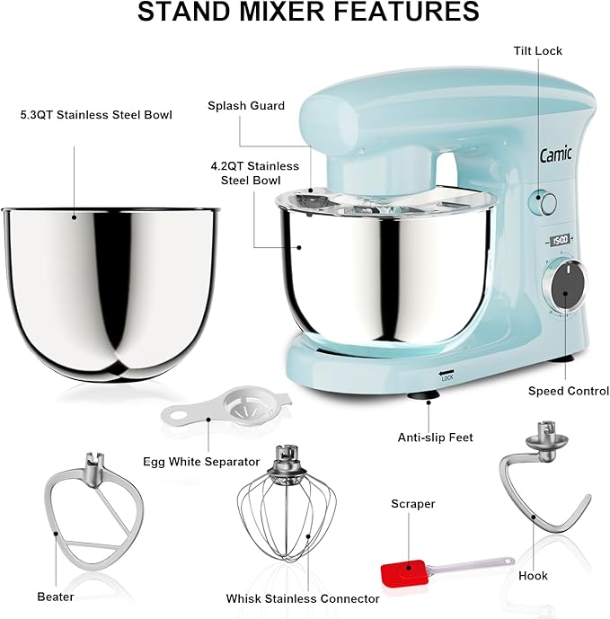 Camic Stand Mixer, 4.2QT+5.3QT Two bowls Electric Food Mixer, 10 Speeds with Digital setting 3-IN-1 Kitchen Mixer for Baking Cakes Cookie Bread Salad with Egg Whisk,Dough Hook,Flat Beater(Blue)