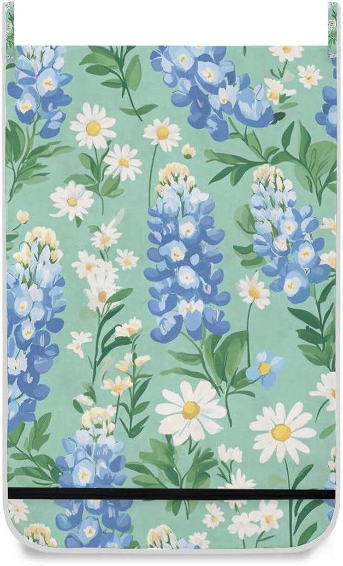 Mint Green Bluebonnet and Daisies Hanging Laundry Hamper Door Hampers Bag Basket - Image 2
