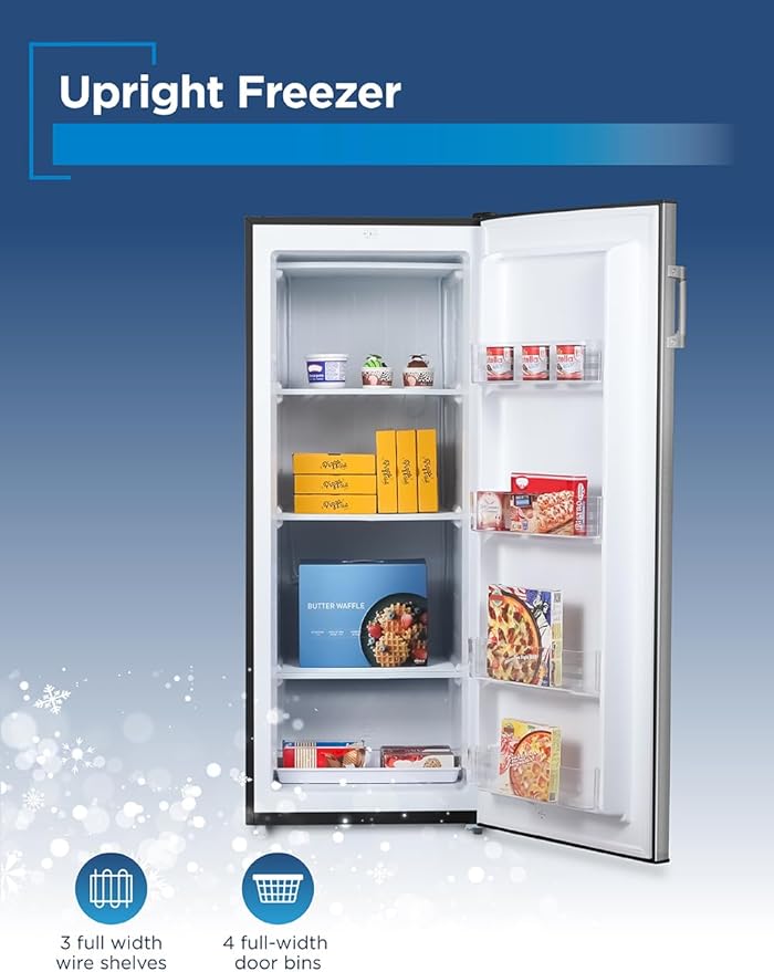 BLACK+DECKER 10 Cu. Ft. Upright Freezer, Stand Up Freezer with Mechanical Temperature Control, Freezer with 3 Shelves and 4 Door Bins, Manual Defrost, R600a Refrigerant, BUF1000LS,Stainless Steel Look