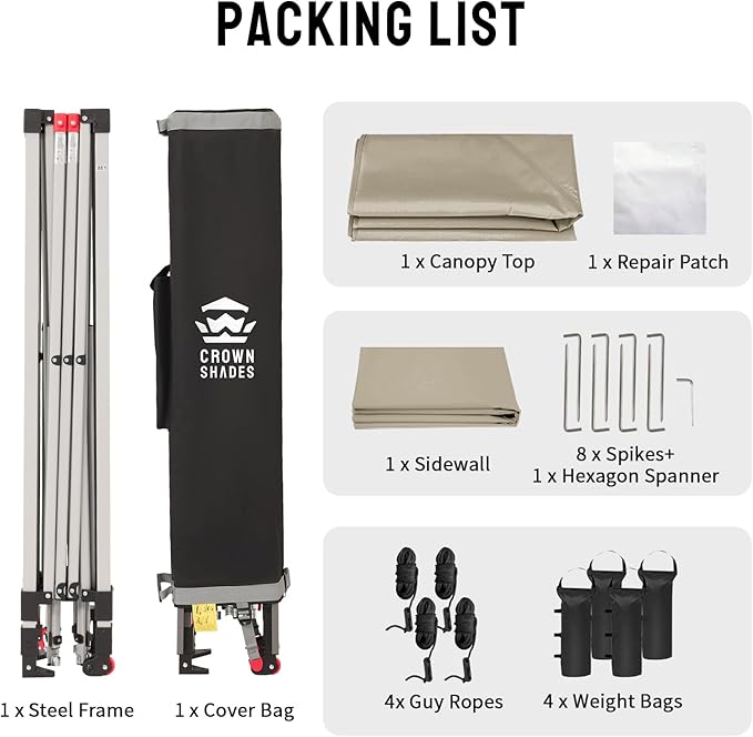 CROWN SHADES 12x12 Pop Up Canopy Tent Instant Commercial with 150D Silver Coated Fabric Including 1 Removable Sidewall, 4 Ropes, 8 Stakes, Weight Bags, STO 'N Go Bag, Beige
