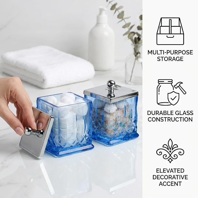 2 Pack 15Oz Blue Q-Tip Holder, Square Thick Glass - Image 4
