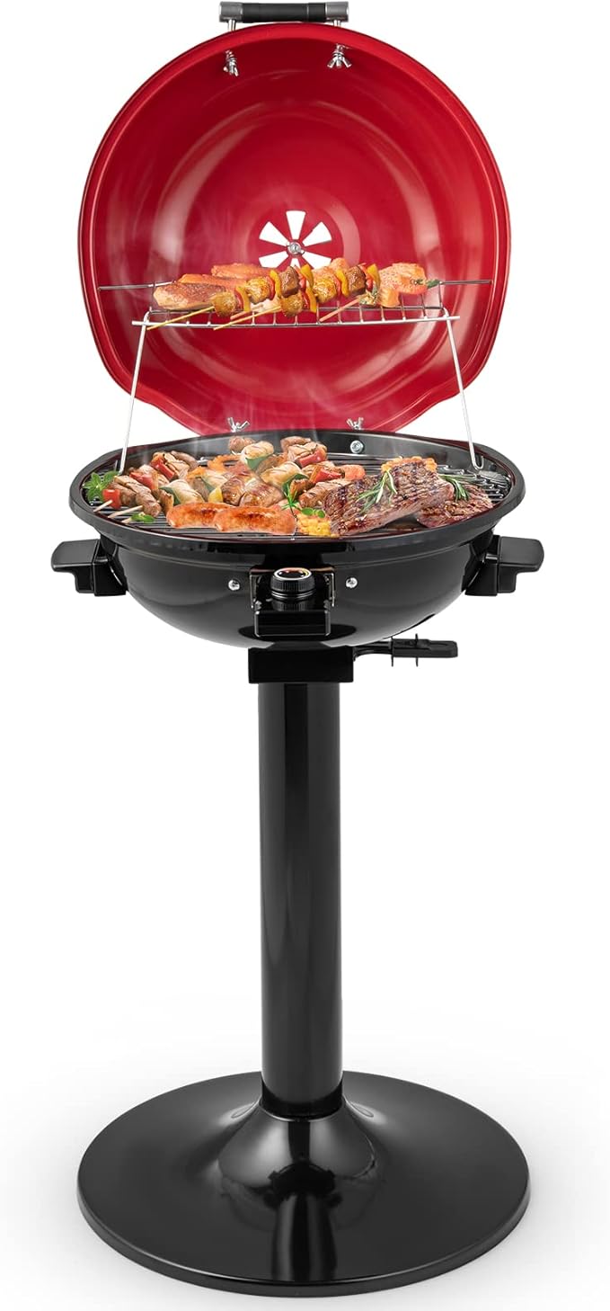 HAPPYGRILL 1600W Electric Grill Outdoor, Portable BBQ Grill with Warming Tray, Removable Non-Stick Grill Rack, Adjustable Temperature& Oil Drip Tray for Patio, Camping, Picnic