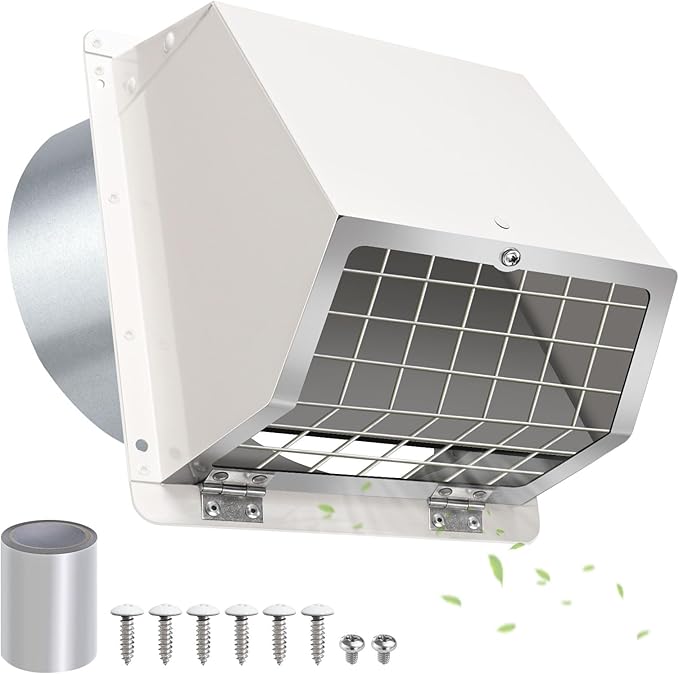 6 Inch Hooded Wall Vent with Screen and Damper,Dryer Vent Cover Outside Exhaust Vent Cover Cap,Wall Mount Extractor Vent Exterior Wall Vent Hood for House Range Hood Laundry Bathroom Fan Duct Air Vent