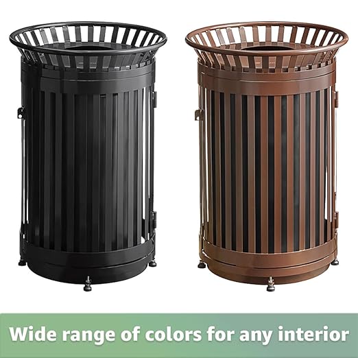 45 Gallon Commercial Black Waste Bin with Flat Lid & Door, Heavy-Duty Outdoor Trash Can Steel Slatted, Round Recycle Container, Durable Garbage Can for Parks, Municipalities, Schools, Parking