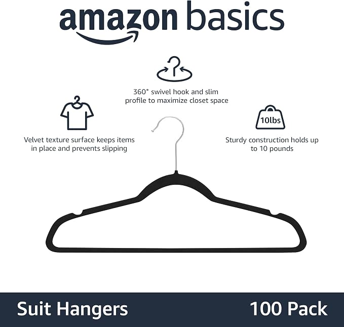 Amazon Basics Slim Velvet Non-Slip Space Saving Suit Clothes Hangers, Closet - Image 2