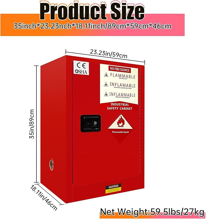 Flammable Safety Cabinet 23" x 18" x 36" Red, Cold-Rolled Steel 40 Gallon Explosion Proof Cabinet, 3-Point Lock & Adjustable Shelf for Commercial Facilities, Lab & Industrial Warehouses