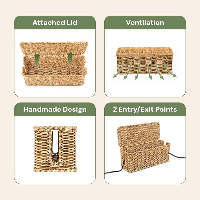 Cable Management Box, Handmade Rattan Cord Organizer - Image 6