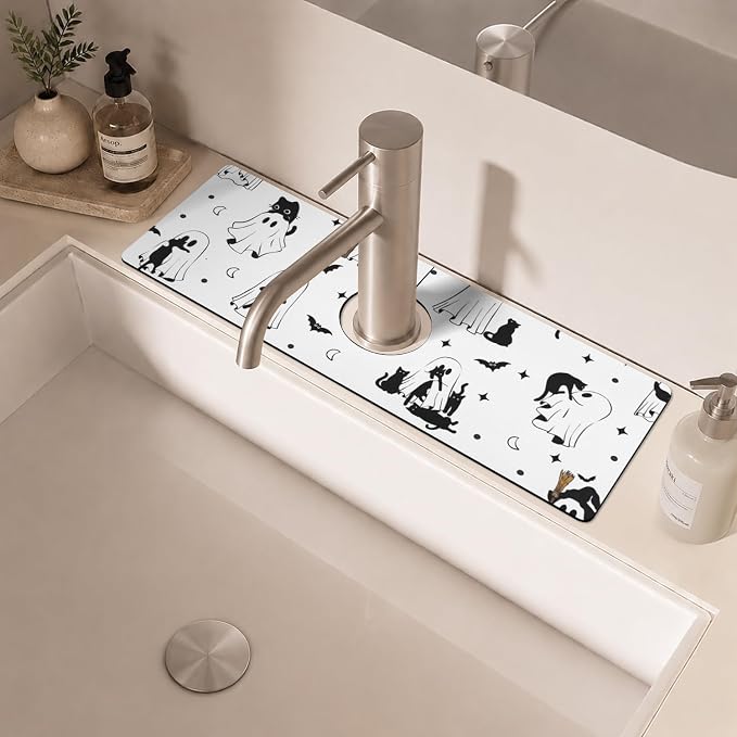 Halloween Kitchen Sink Splash Guard Faucet Mat, Cats Ghosts Bat Halloween - Image 6