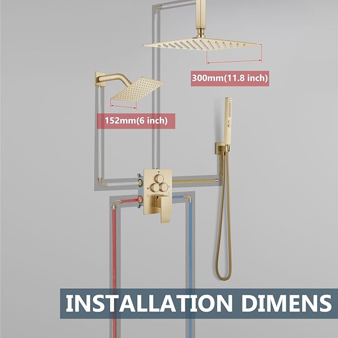 Aolemi Shower Faucet Set Ceiling Mount Shower System Rough-in Valve and Shower Trim Kit 2 in 1 Handheld Spray Push Button Diverter 12 and 6 Inch Dual Shower Head Brushed Gold