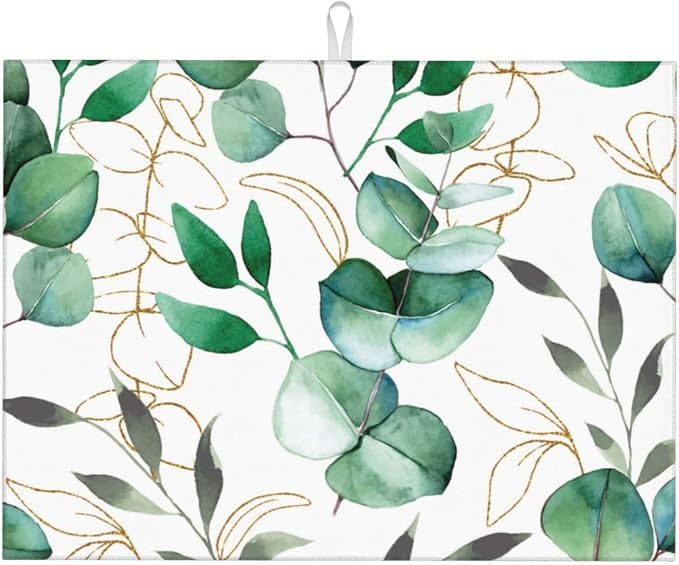 Green Leaves Dish Drying Mat For Kitchen Counter, Super Absorbent Microfiber by indokyeyqaz