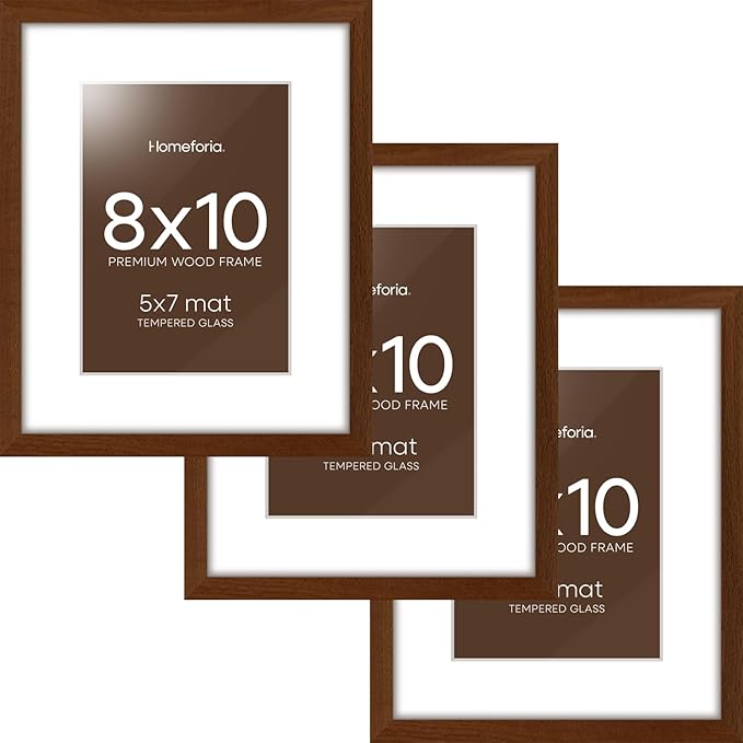 Homeforia 8x10 Picture Frame Brown, High End Dark Oak 8 x 10 Walnut Wooden Frames with Mat 5 by 7 Photo, 8x10 Wood Frame Matted to 5x7 Print, Wall or Tabletop Frame, Tempered Glass, Wall Kit, Set of 3