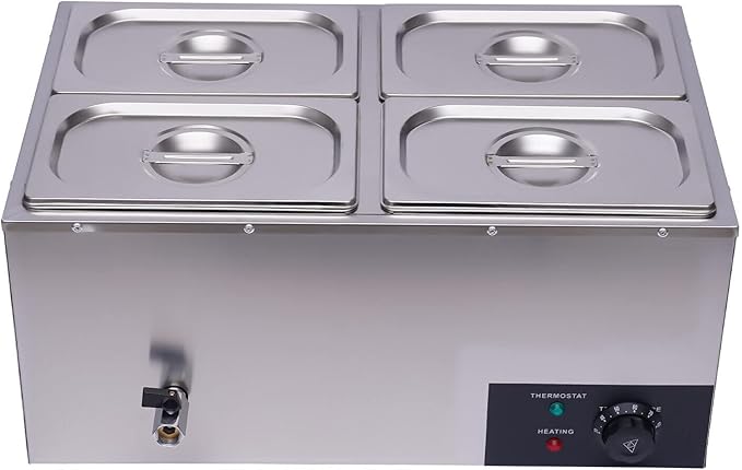 4-Pan Bain Marie Steam Table, Commercial Countertop Steam Table Food Warmer 600W 16.9Qt Stainless Steel Electric Food Soup Warmer with Lid and Tap for Restaurant, Buffet Catering