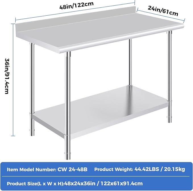 OSTBA Stainless Steel Table for Prep & Work 24x48 Inches with Backsplash, NSF Metal Commercial Heavy Duty Table with Adjustable Undershelf and Foot for Restaurant Kitchen Home and Hotel