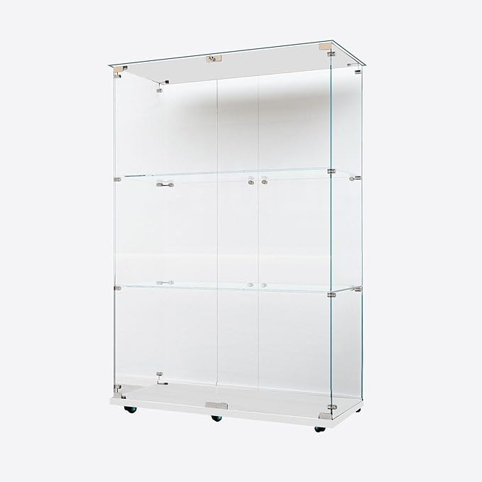 Glass Display Cabinet with LED Light Strip, 3 Shelves with 2 Doors, Glass Top Curio Storage Cabinets with Lock & Caster for Living Room,Floor Standing Bookshelf, Quick Installation - White