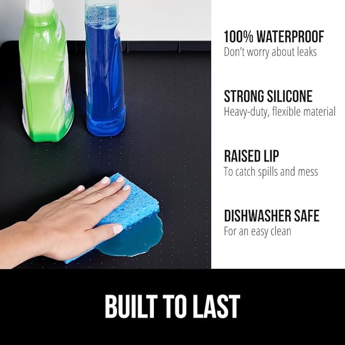 GORILLA GRIP Waterproof Silicone Under Sink Mat with Raised Lip for Kitchen and Bathroom, Cabinet Shelf Liner Stay in Place Mats Dishwasher Safe Drawer Liner, Organizer Tray, 19 x 34 in, Black