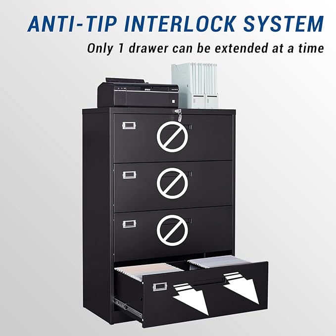 Lateral File Cabinet with Lock, 4 Drawer Large Metal Filing Cabinet,Home Office Lockable Storage Cabinet for Hanging Files Letter/Legal/F4/A4 Size-Assembly Required