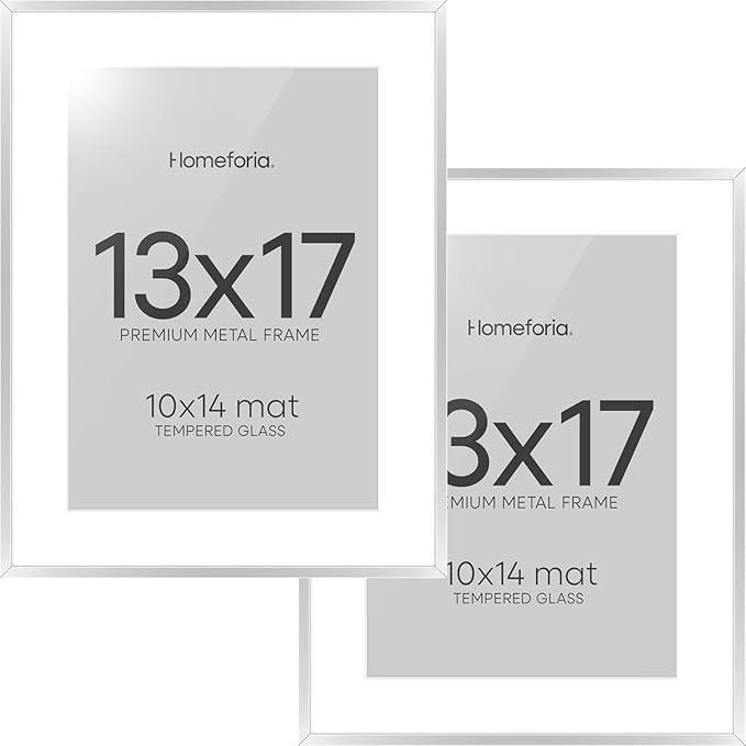 Homeforia 13x17 Picture Frame Silver, High End Metal 13x17 Frames with Mat 10x14 for Photo, 13 x 17 Silver Poster Frame Matted to 10 x 14 Print, 17x13 Hanging Frame, Tempered Glass, Wall Kit, Set of 2