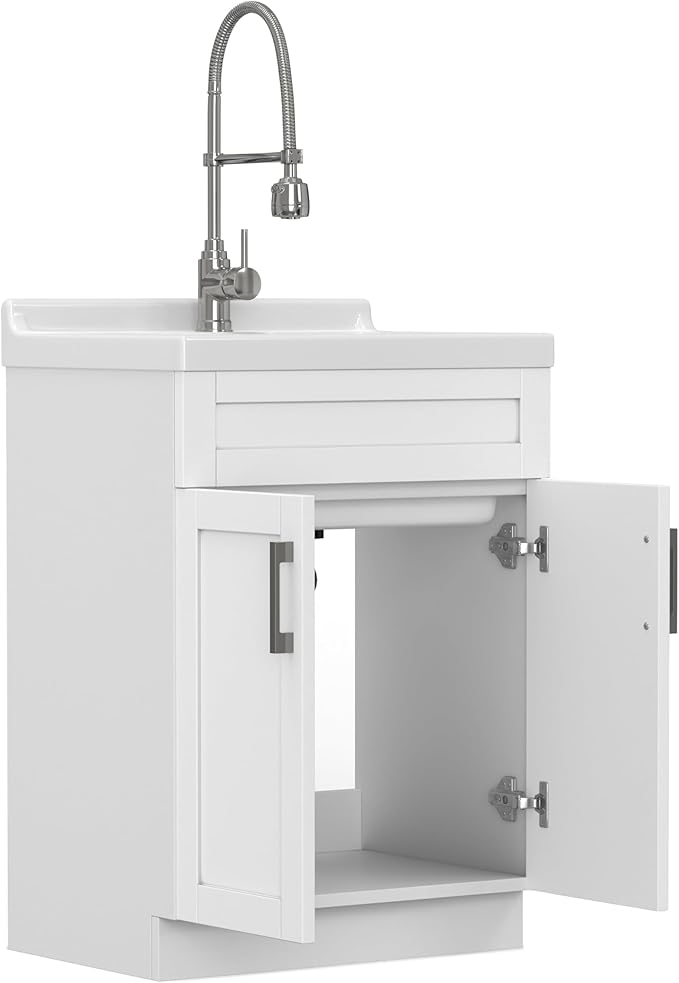 SIMPLIHOME Hennessy All-in-One 24 inch Wide Utility Sink and Laundry Cabinet in Pure White Finish, Transitional ABS Sink Cabinet for Laundry Rooms with High-Arch Chrome Faucet and Pull-Out Spray