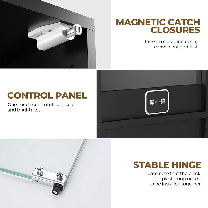 Glass Display Cabinet, 4-Tier Curio Cabinets with 3 Color Lights for Collectibles, Storage Cabinet with Door, Glass Display Case & Bookcase with Human Body Sensor, Black