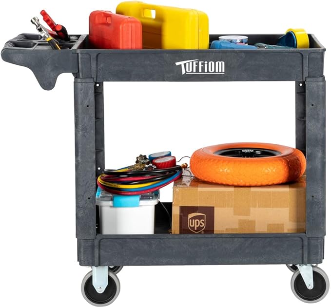 TUFFIOM Plastic Service Utility Cart with Wheels,550lbs Capacity,Heavy Duty Tub Storage Cart W/Deep Shelves, Multipurpose Rolling 2-Tier Mobile Storage Organizer, for Warehouse Garage Industrial Cart