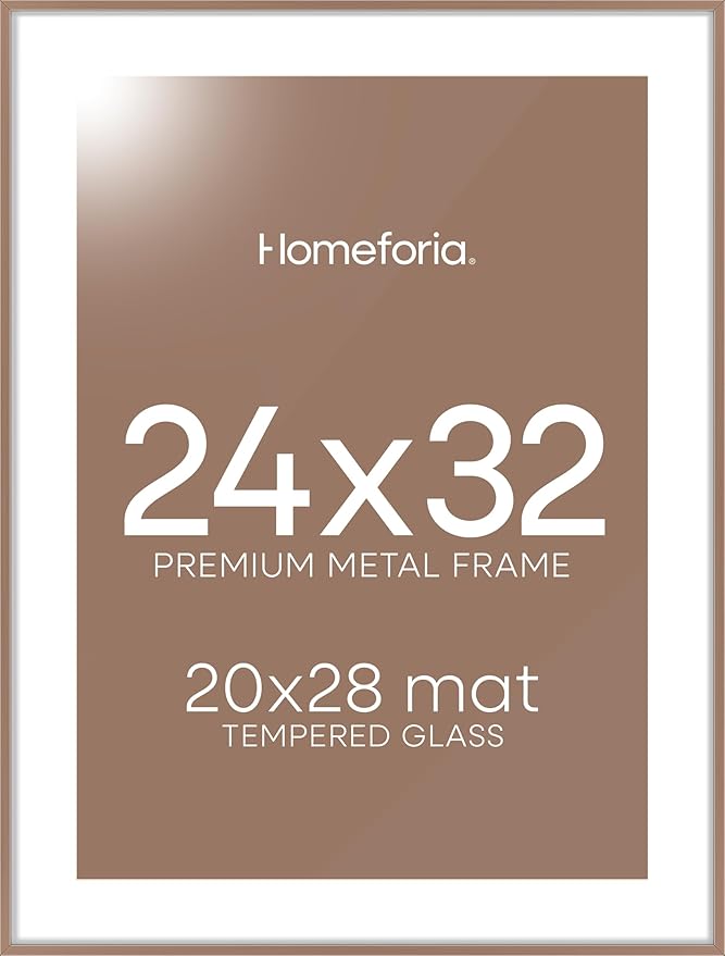 Homeforia 24x32 Poster Frame Mocha, High End Metal 24 x 32 Large Picture Frames with Mat 20 x 28 for Photo, 24x32 Thin Frame Matted to 20x28 inch Print, 32x24 Frame, Tempered Glass, Wall Kit, Set of 1