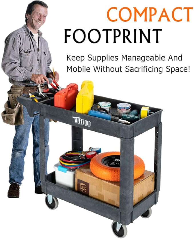 TUFFIOM Plastic Service Utility Cart with Wheels,550lbs Capacity,Heavy Duty Tub Storage Cart W/Deep Shelves, Multipurpose Rolling 2-Tier Mobile Storage Organizer, for Warehouse Garage Industrial Cart